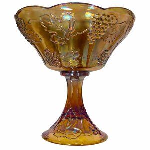 Vintage Indiana Glass Harvest Grape Carnival Glass Compote Amber Gold Iridescent